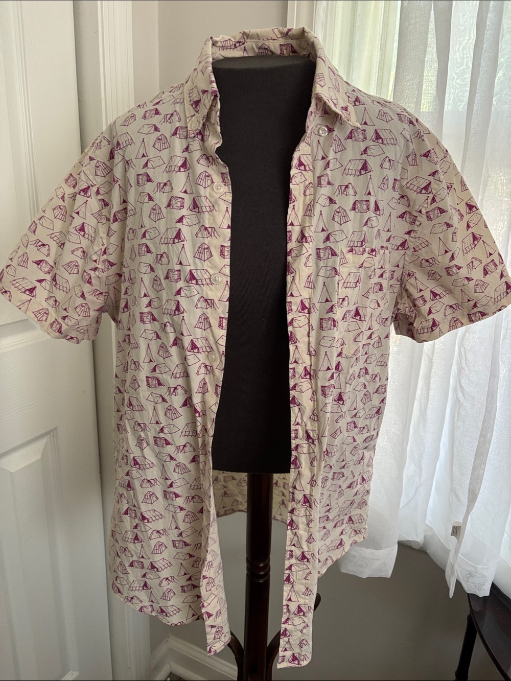 J Crew Men's Short-Sleeve Printed Camp Shirt in Cream and Magenta
